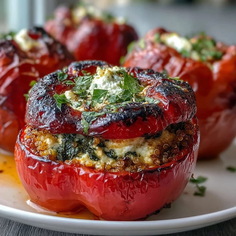 Wholesome bell peppers packed with savory quinoa, zucchini, and herbs, creating a delicious and easy Mediterranean-inspired main dish.
