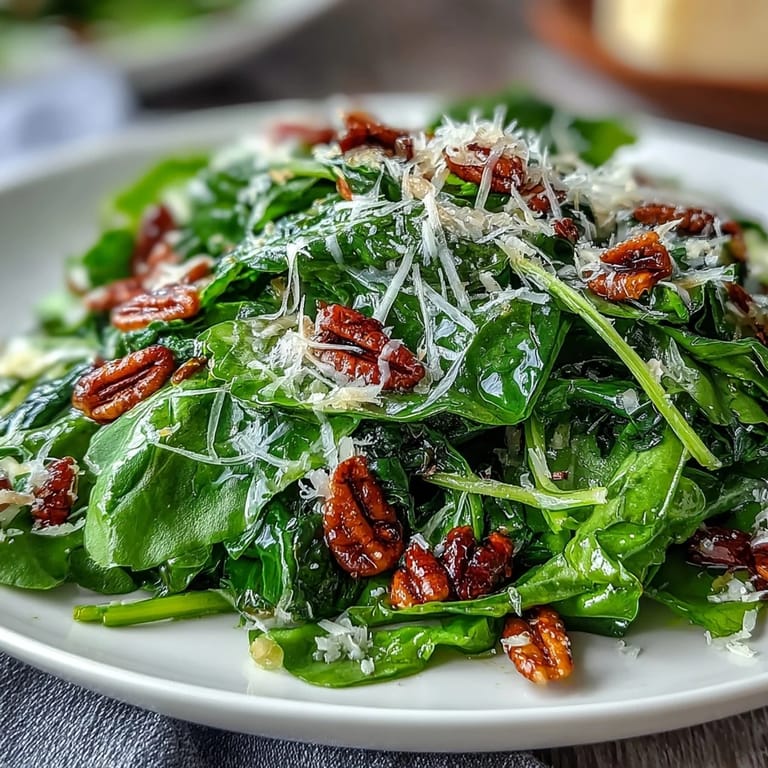 Zesty lemon dressing coats peppery arugula leaves, topped with delicate Parmesan shavings and crunchy pine nuts for a light, flavorful salad.