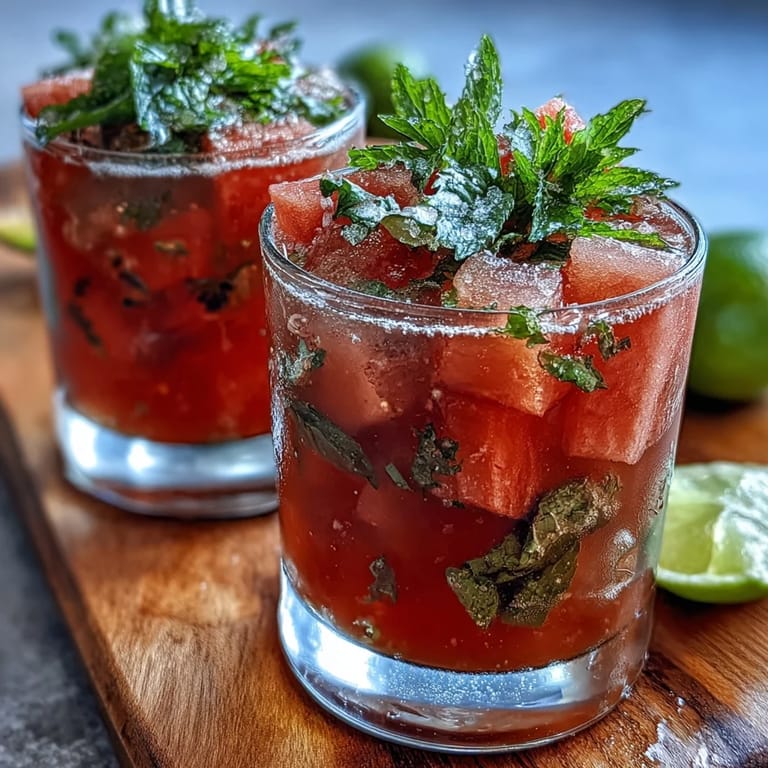 Cool watermelon mint spritz mocktail in clear glasses, topped with bubbles and garnished with lime and mint sprigs.