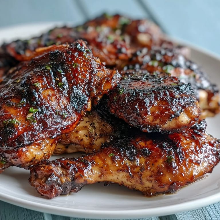 A close-up of finished honey garlic grilled chicken thighs served on a platter with lemon wedges and fresh greens.