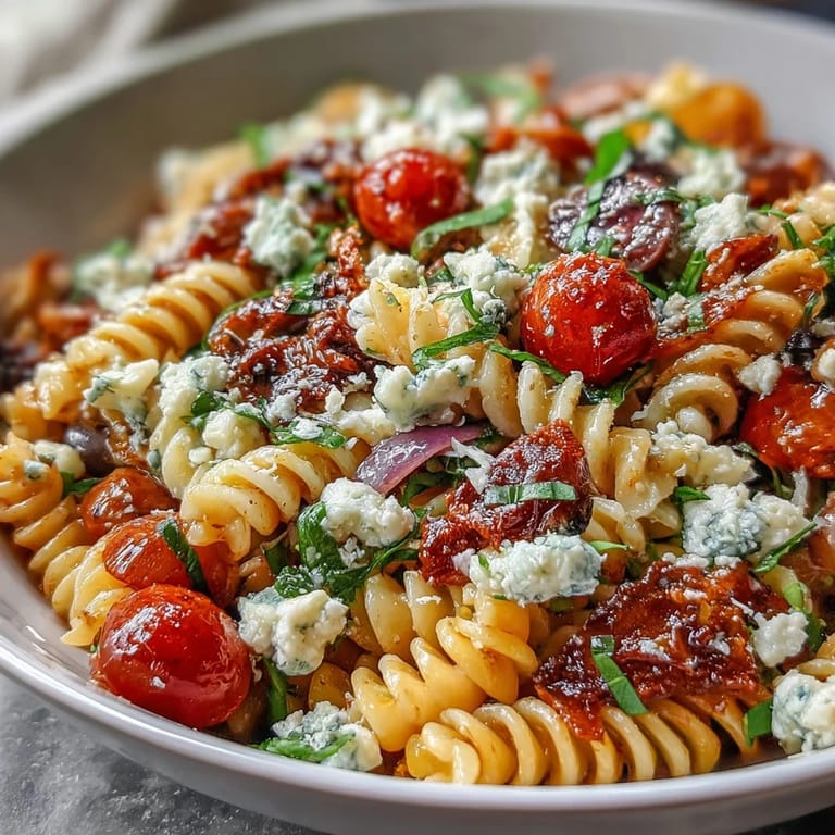 Colorful pasta salad with Italian dressing, featuring juicy cherry tomatoes, bell peppers, and mozzarella pearls, ideal for outdoor picnics and gatherings.