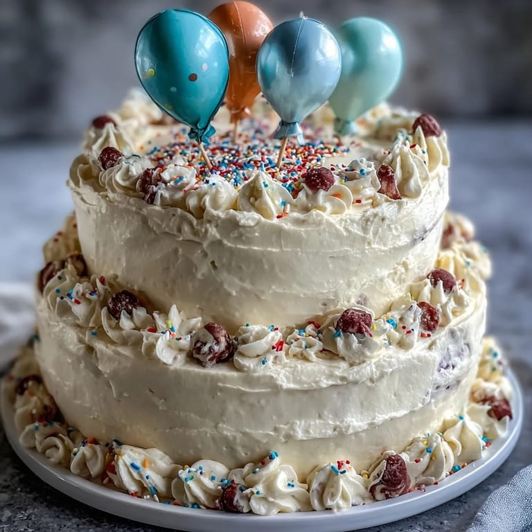 Elegant two-tier vanilla cake with smooth buttercream frosting and playful balloon toppers, perfect for honoring graduates with style and sweetness.