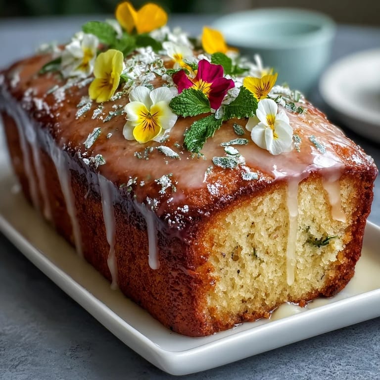 Mothers Day Lemon Drizzle Cake with Edible Flowers: Tangy lemon cake finished with sweet glaze and vibrant edible flowers, a stunning spring dessert.