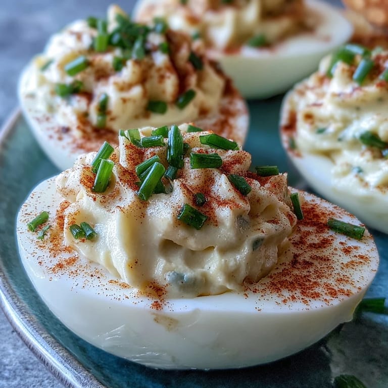 Deviled eggs with paprika and chives, featuring smooth yolk filling and vibrant garnish for a timeless appetizer.