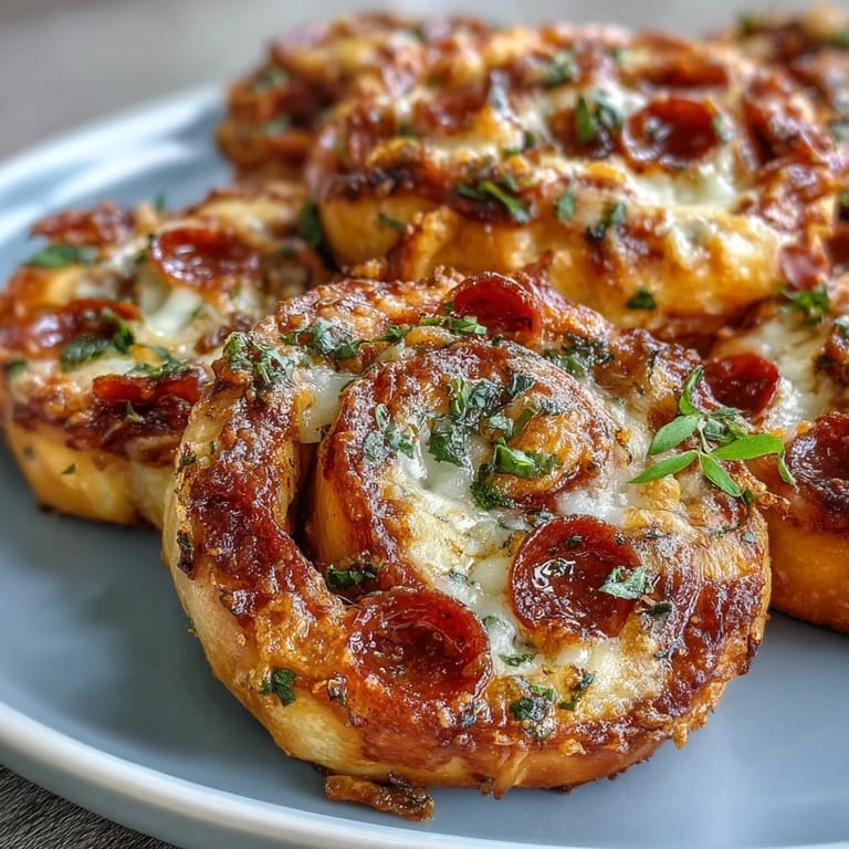 Savory pizza pinwheels with marinara, mozzarella, and pepperoni, baked until golden and bubbling for a crowd-pleasing treat.