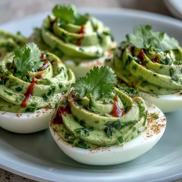 Avocado deviled eggs with tangy lime and fresh cilantro, drizzled with fiery Sriracha sauce.