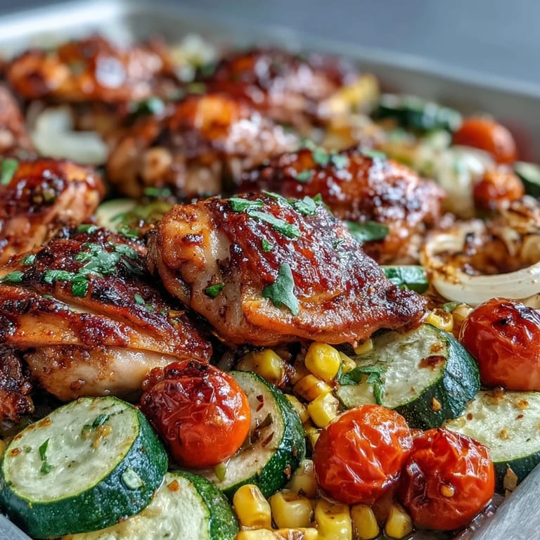 Easy one-pan chicken dinner featuring zucchini, corn, and tomatoes, seasoned with lemon, garlic, and smoked paprika for bold flavor.