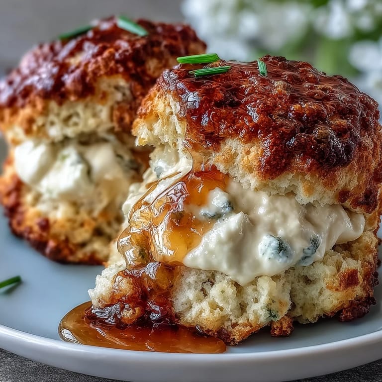 Golden scones drizzled with dandelion honey and topped with smooth clotted cream for a classic British treat.
