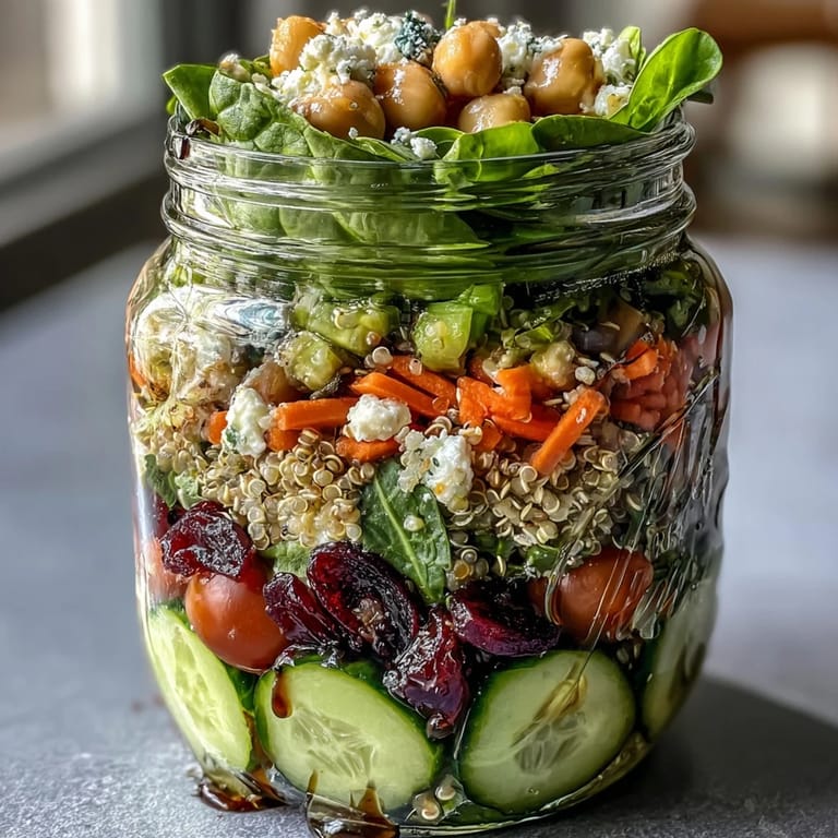 Vibrant mason jar salads packed with colorful vegetables, chickpeas, and grilled chicken for a nutritious lunch.