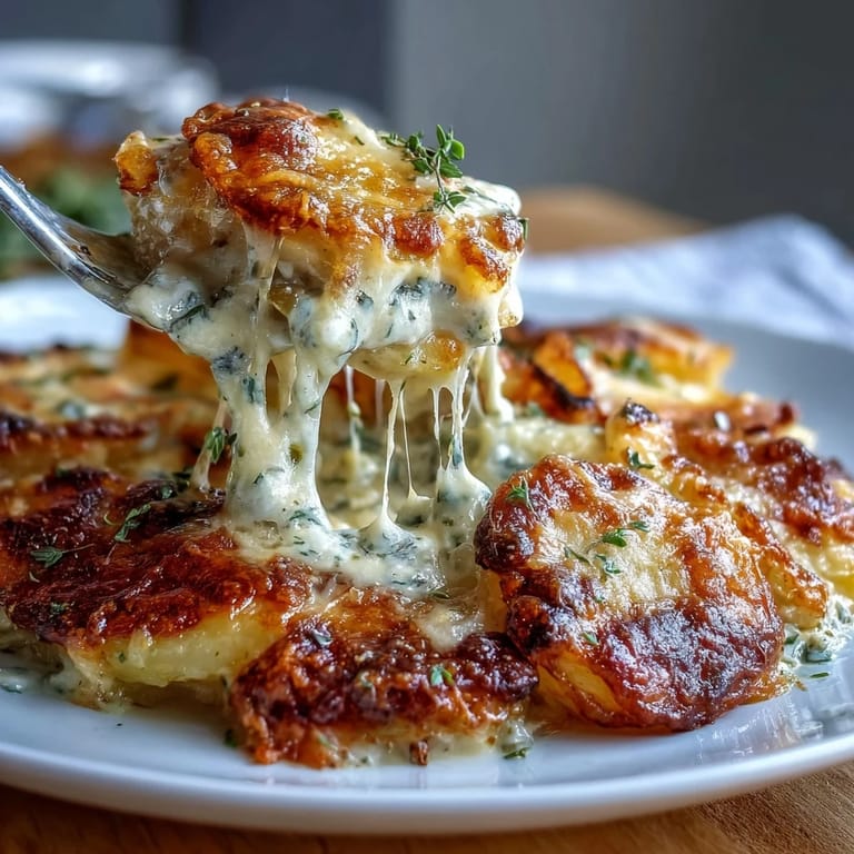 Einzelportion von überbackenen cremigen Kartoffeln mit geschmolzenem Gruyere auf einem weißen Teller.