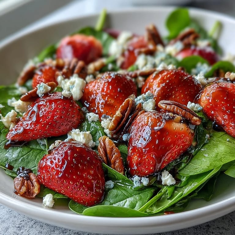 A fresh Strawberry Spinach Spring Salad, drizzled with tangy balsamic, perfect for summer.