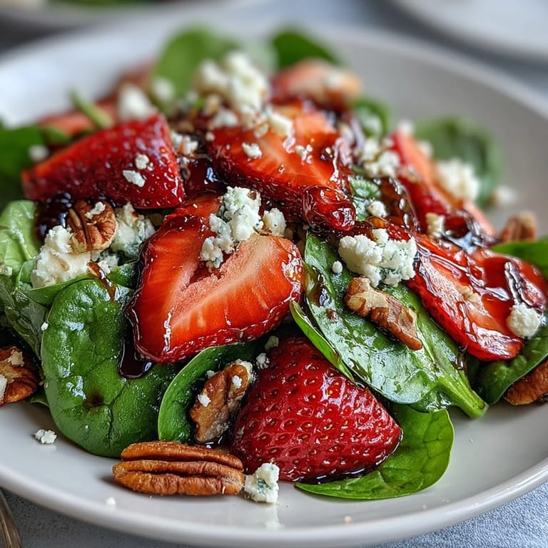 Colorful Strawberry Spinach Spring Salad featuring ripe strawberries and toasted pecans for a delightful crunch.