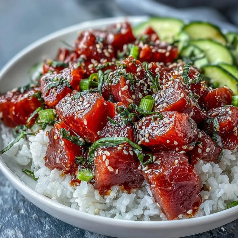 Refreshing Spring Tuna Poke Bowl with soy-sesame marinated tuna, perfect light lunch.