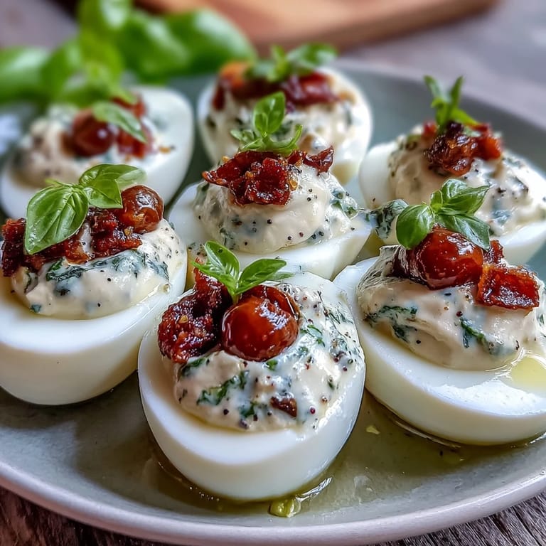 Creamy Caprese Deviled Eggs garnished generously with basil oil and diced tomatoes.