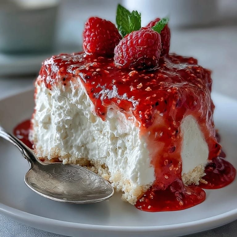 Decadent Mother's Day No-Bake Cheesecake, crowned with sweet, tangy raspberry sauce.
