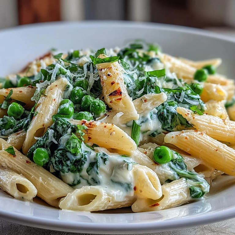 Quick One-Pot Lemon Ricotta Pasta, showcasing tender peas and spinach.