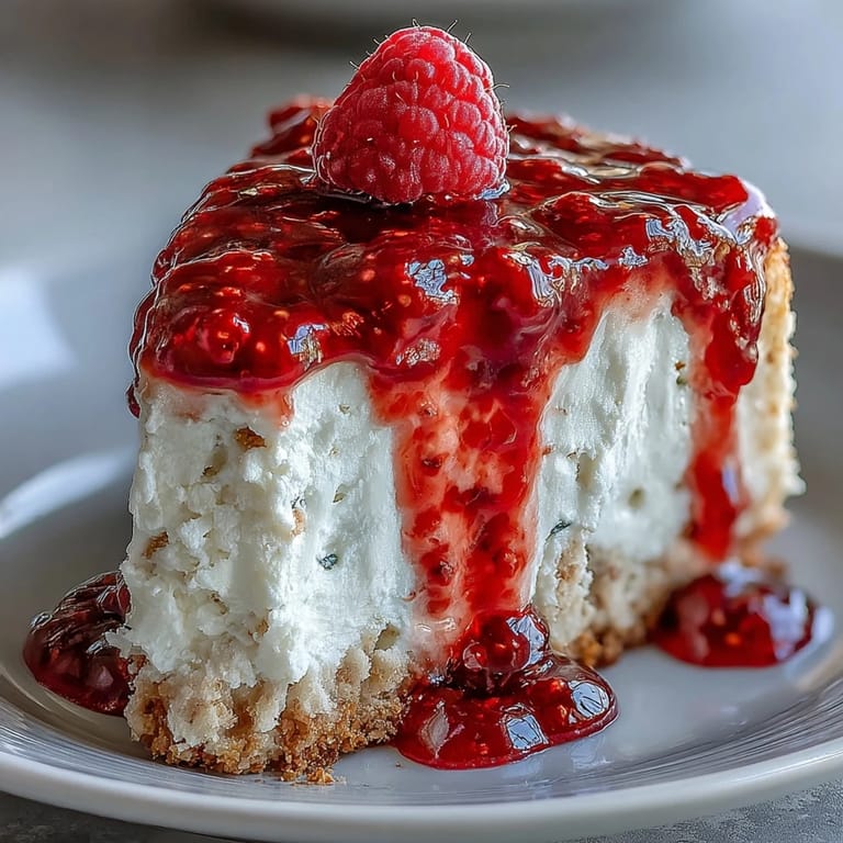 Luscious no-bake cheesecake, ruby raspberry coulis topping, perfect easy dessert.