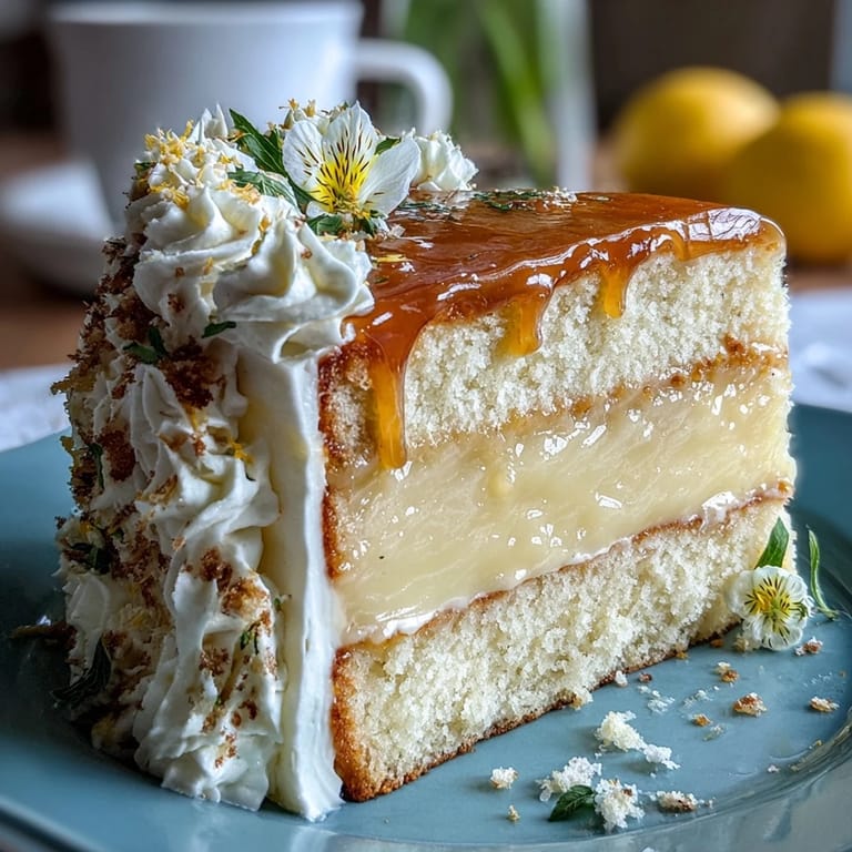 Beautiful Mother's Day Lemon Curd Layer Cake adorned with vibrant edible flowers.