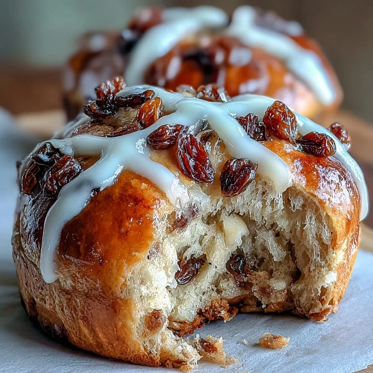 Soft, spiced Homemade Hot Cross Buns drizzled with a shiny apricot glaze.