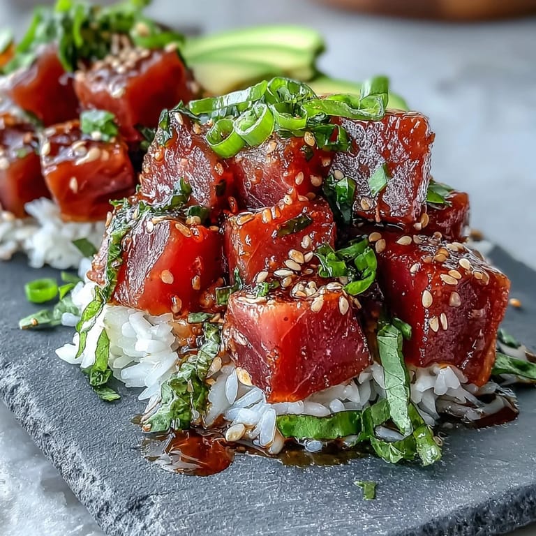 Delectable Spring Tuna Poke Bowl featuring colorful raw tuna and garden-fresh toppings.