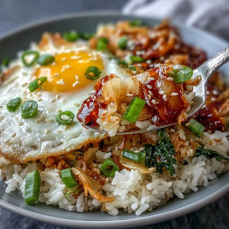 Delicious Kimchi Cabbage Fried Rice, ready to enjoy with a perfectly runny yolk.