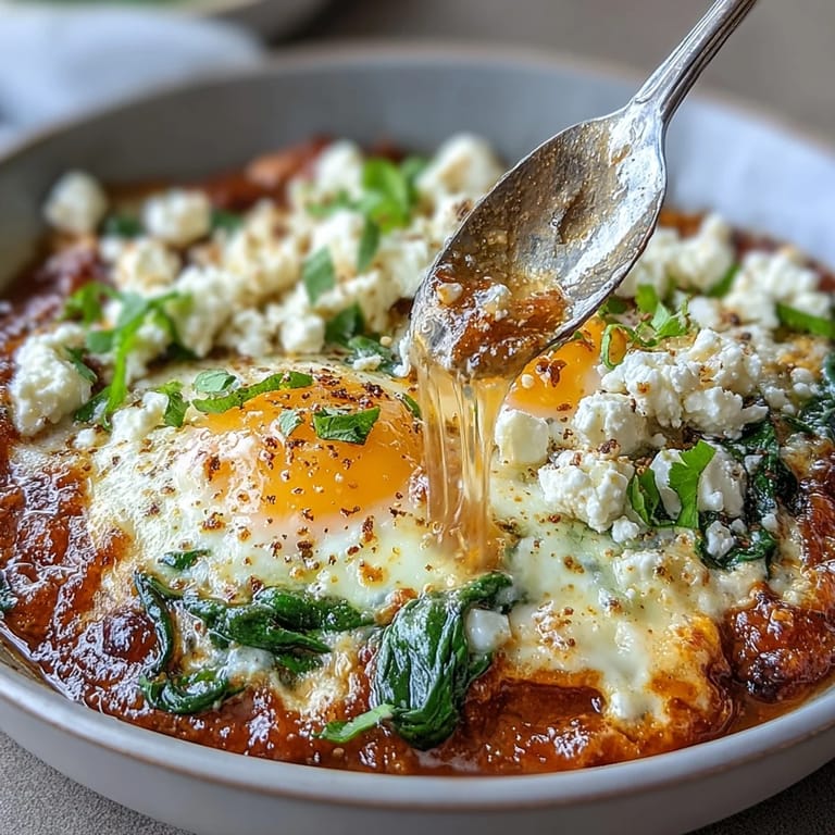 Hearty Spinach and Feta Shakshuka, eggs poached in spiced tomato sauce.