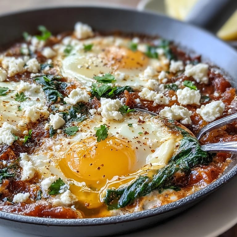 Breakfast Spinach and Feta Shakshuka, bubbly, cheesy, and perfect with bread.