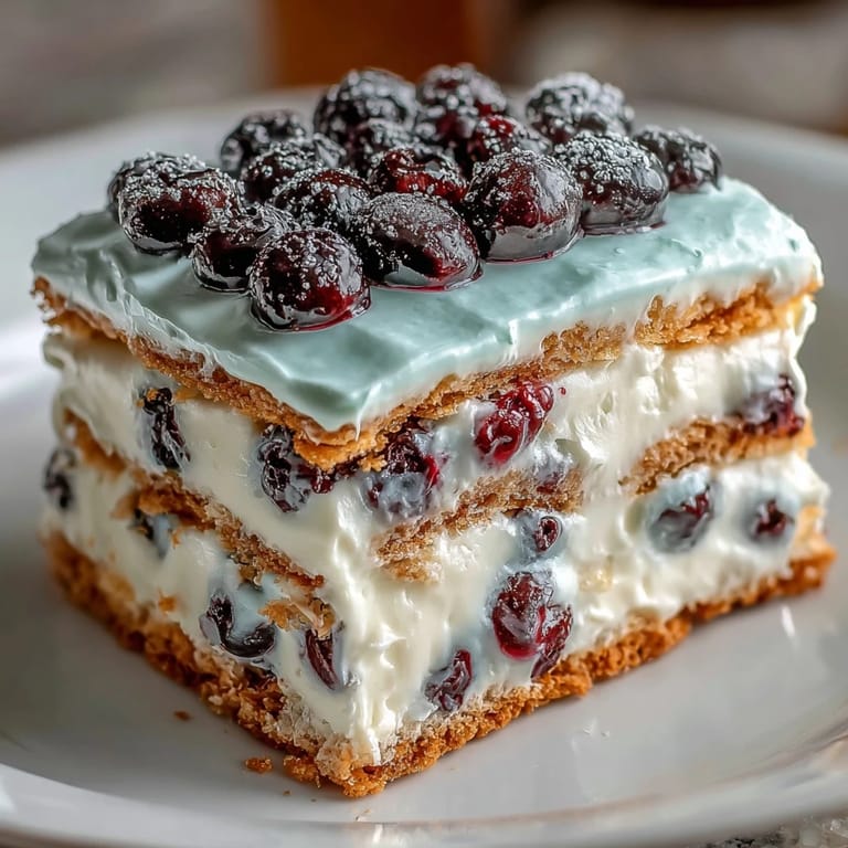 Lemon Blueberry Icebox Cake slices stacked high, bursting with creamy lemon and fruit.