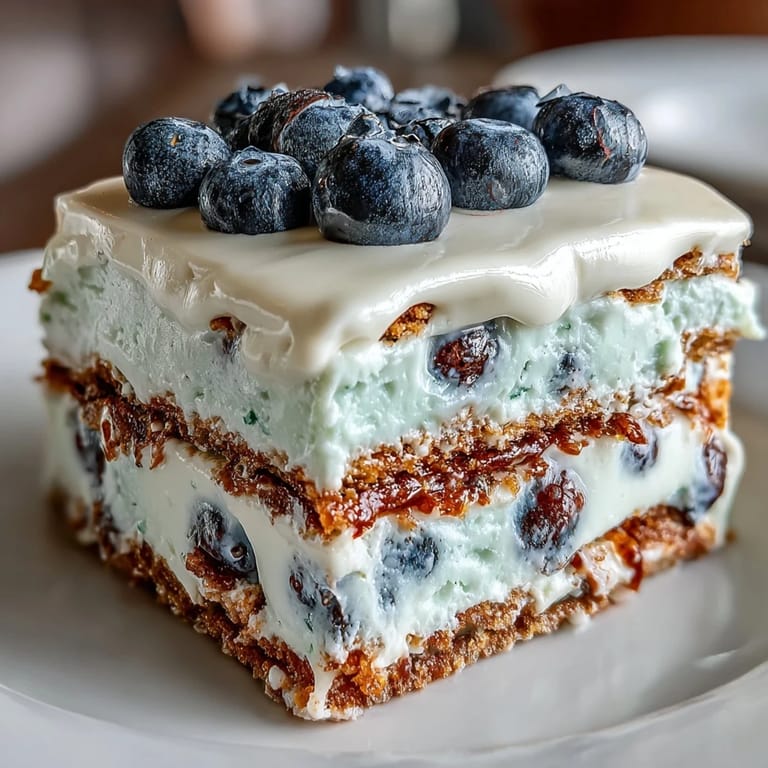 No-bake Lemon Blueberry Icebox Cake, a cool, graham cracker layered dessert.