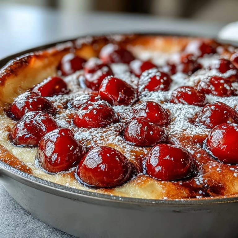 Warm Fresh Cherry Clafoutis, a rustic bake dusted with sugar, ready to serve.