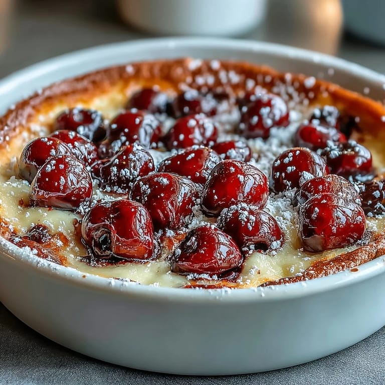 Golden baked Fresh Cherry Clafoutis, a French dessert with tender cherries.