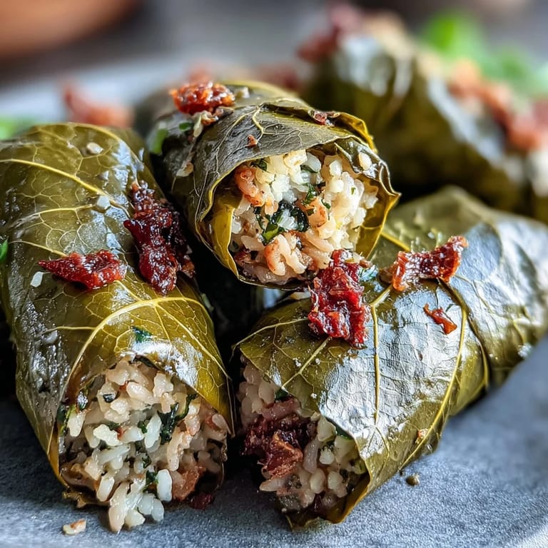 Kurdish Dolma: tender, herb-filled grape leaves resting in a serving dish.