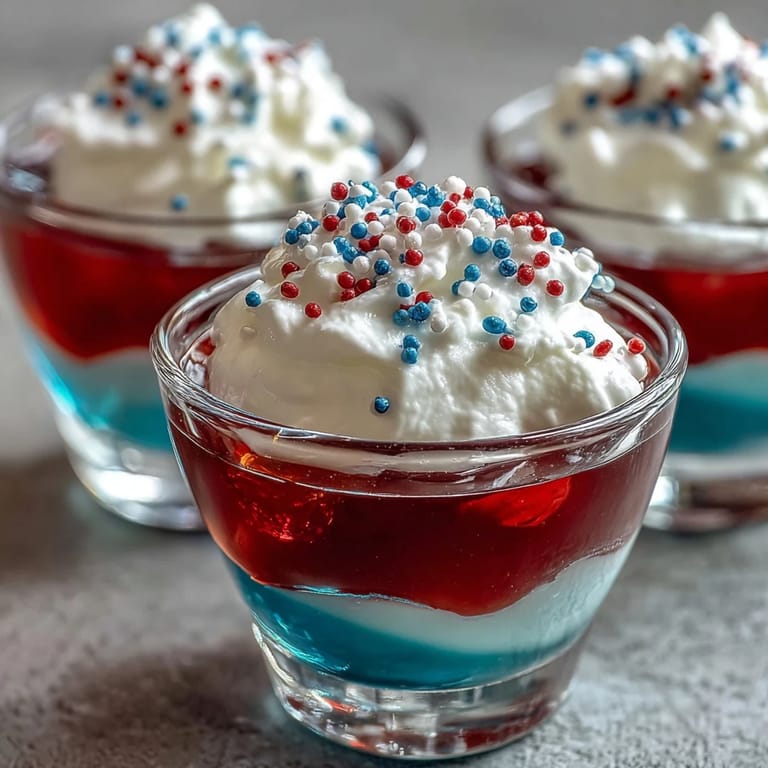 Festive alcohol-free Firecracker Jello Shots with creamy white layer and bold colors.