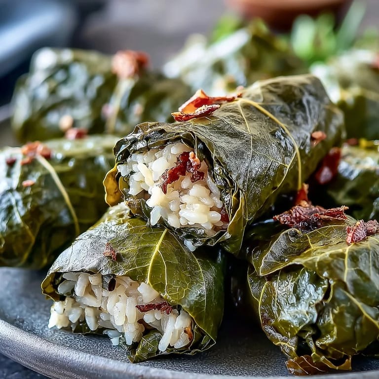 Savory Kurdish Dolma: showcasing bright green, tightly rolled stuffed grape leaves.