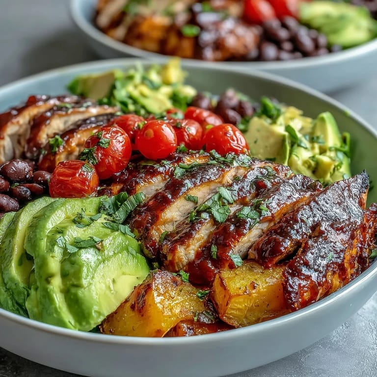 Savory grilled BBQ chicken breast atop sweet potato and beans, ready to enjoy.