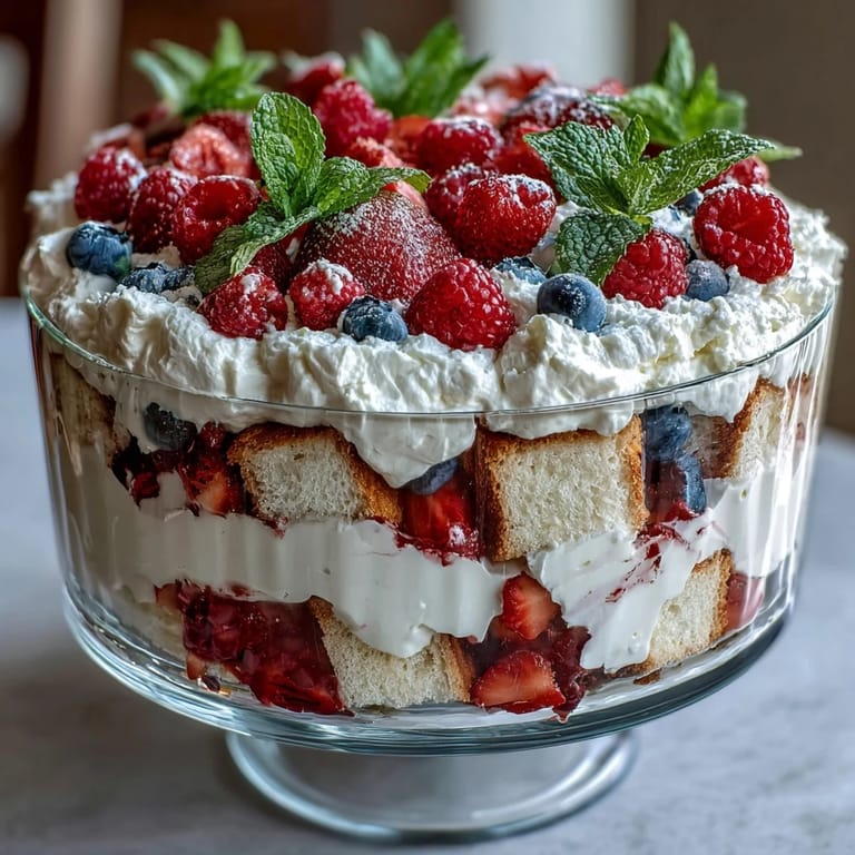 Creamy Red White Blue Berry Trifle, showcasing vibrant fruit and soft angel food cake perfect for parties.