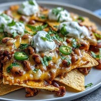 Crispy tortilla chips loaded with black-eyed peas, melty cheddar, and fresh jalapeños for a zesty Southern nacho twist.  