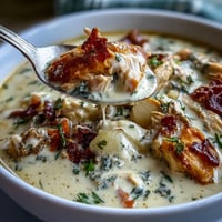 Slow Cooker Chicken Pot Pie Soup in a creamy bowl with tender chicken and hearty vegetables.