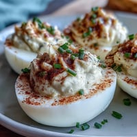 Creamy deviled eggs with paprika and chives, a classic appetizer perfect for parties and picnics.  