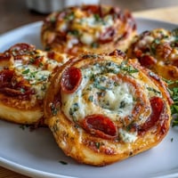 Flaky pizza pinwheels bursting with melted mozzarella, zesty marinara, and pepperoni—perfect party appetizers.  