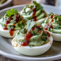 Creamy avocado deviled eggs topped with spicy Sriracha drizzle for a bold appetizer.  