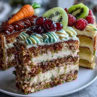 Festive Easter dessert table featuring carrot cake, pavlova, and lemon tart with vibrant fruit toppings.