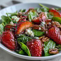 Vibrant Strawberry Spinach Spring Salad with creamy goat cheese, sweet berries, and crunchy nuts.
