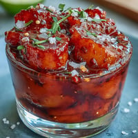 Vibrant, spicy Chamoy Pickle Kit in a cup, a viral snack ready to eat.