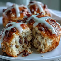 Perfect Homemade Hot Cross Buns with fluffy texture and sweet raisin filling.