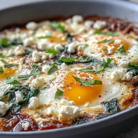 Vibrant Spinach and Feta Shakshuka with runny yolks and fresh herbs.